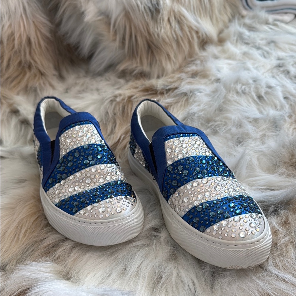 Philipp Plein Blue and White Bejeweled Slip-On Sneaker/loafers